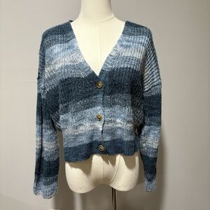 Lucky Brand V Neck Blue Striped Button Down Cardigan Sweater Women’s Sz S Preppy